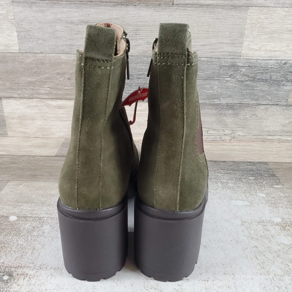 Blondo Raquel Womens Ankle Bootie Sz 10 M Olive Cow Suede Waterproof Side Zip
